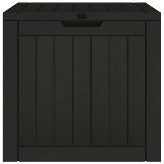Garden Storage Box 55.5x43x53 cm Polypropylene in black with imitation wood texture design.
