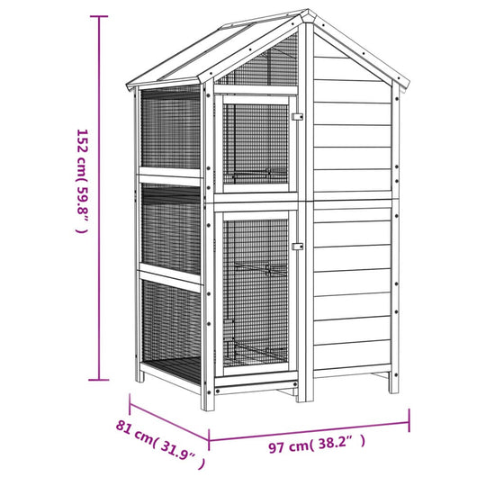 Brown bird house made of solid pine wood, featuring wire mesh for bird safety; dimensions 97x81x152 cm.