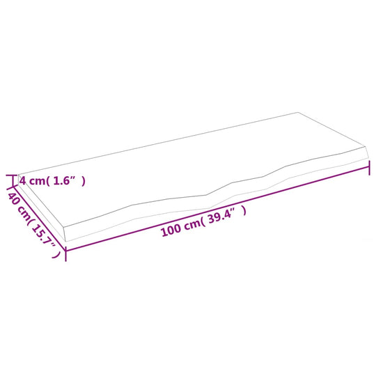 Dimensions of wall shelf in light brown solid oak, measuring 100x40x(2-4) cm, showcasing rustic design.