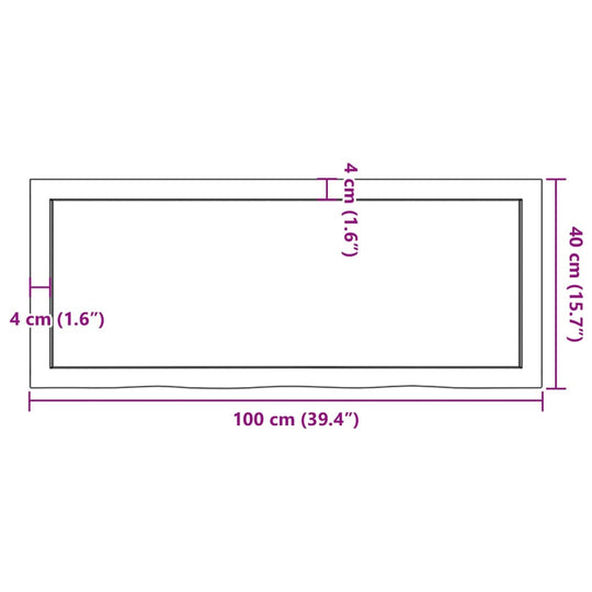 Wall shelf dimensions diagram showing a light brown solid oak shelf measuring 100x40x(2-4) cm with labeled measurements.