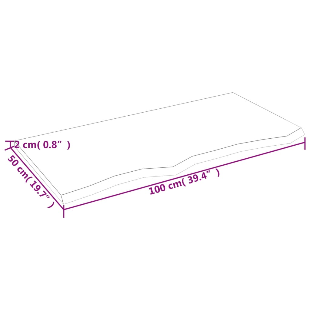 Dimensions of a wall shelf measuring 100x50 cm with a thickness of 12 cm, showcasing solid oak wood construction.