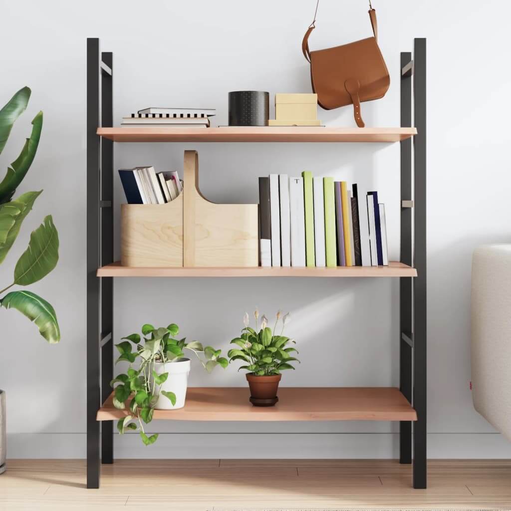 Modern shelving unit with wood shelves, plants, books, and a bag, enhancing home storage and decor.