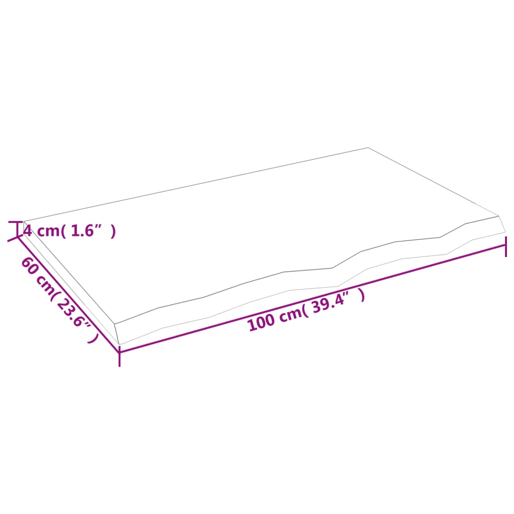 Dimensions of wall shelf in light brown, measuring 100x60x4 cm, with a rustic solid oak wood design.