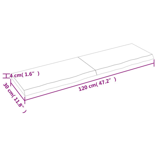 Diagram of wall shelf light measuring 120x30x(2-4) cm, showing dimensions for solid oak wood construction.