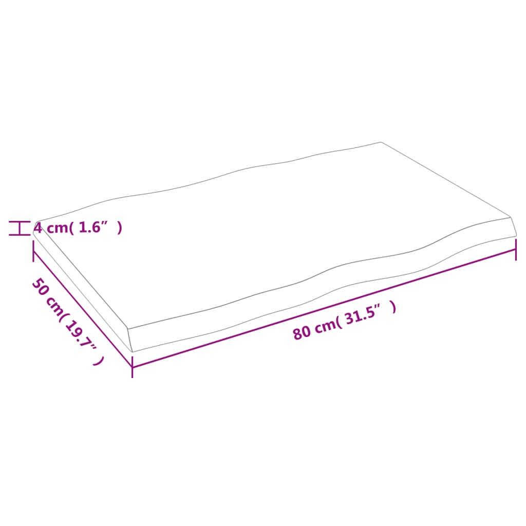 Dimensions of live edge solid wood table top, measuring 80x50 cm with a 4 cm thickness, perfect for outdoor or indoor furniture.