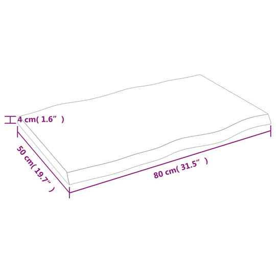 Dimensions of live edge solid wood table top, measuring 80x50 cm with a 4 cm thickness, perfect for outdoor or indoor furniture.