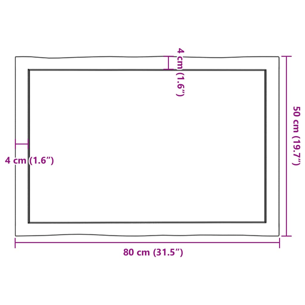 Dimensions of a light brown solid wood table top measuring 80x50 cm with live edge details, suitable for outdoor furniture and homes.