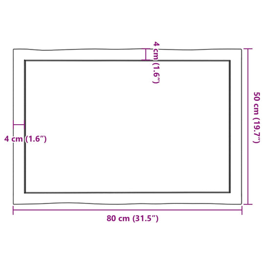 Dimensions of a light brown solid wood table top measuring 80x50 cm with live edge details, suitable for outdoor furniture and homes.