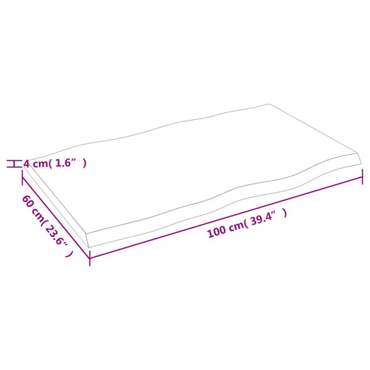 Dimensions of light brown solid wood table top, 100x60x(2-4)cm, live edge design for versatile furniture applications.