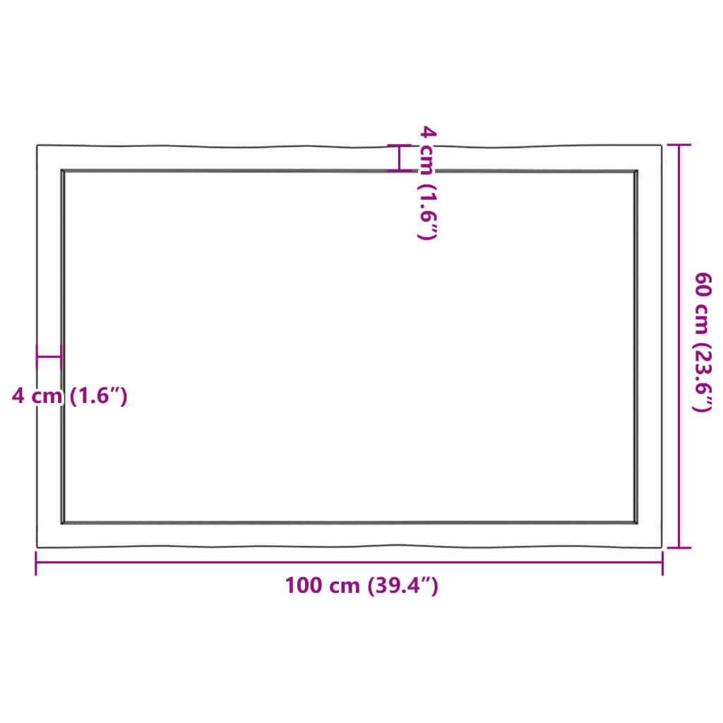 Dimensions of a table top, measuring 100x60 cm with a 4 cm border, ideal for outdoor furniture and lounge applications.