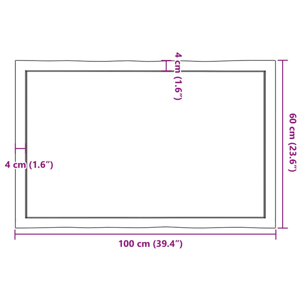 Table Top Light  100x60x(2-6)cm Treated Solid Wood Live Edge dimensions diagram with measurements.