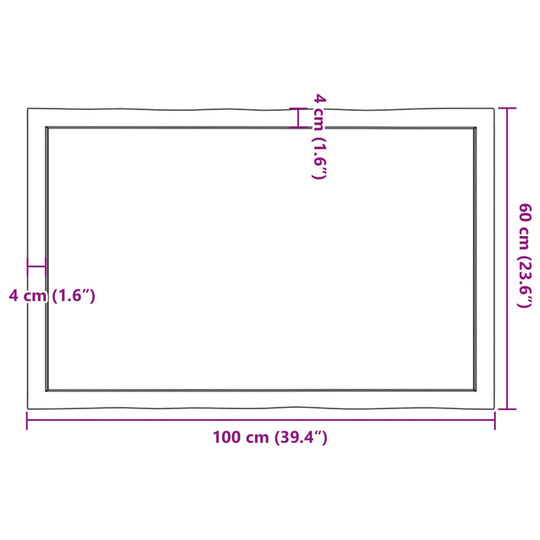 Table Top Light  100x60x(2-6)cm Treated Solid Wood Live Edge dimensions diagram with measurements.