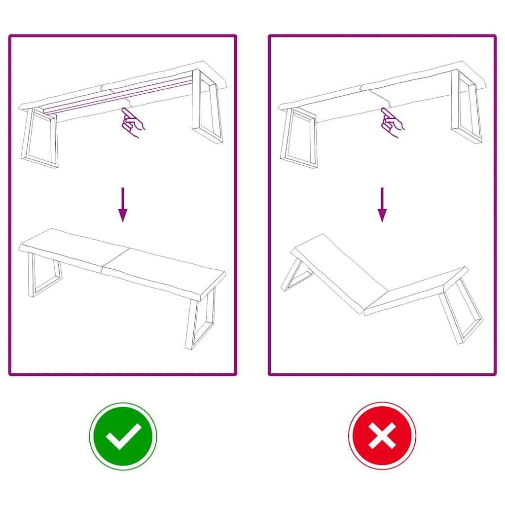 Table Top Light 140x40x(2-4)cm Treated Solid Wood Live Edge assembly instructions with correct and incorrect usage examples.