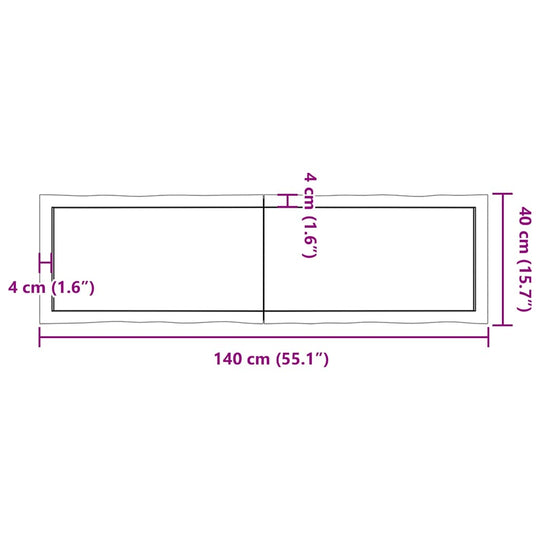 Table Top Light  140x40x(2-4)cm Treated Solid Wood Live Edge dimensions diagram with measurements.