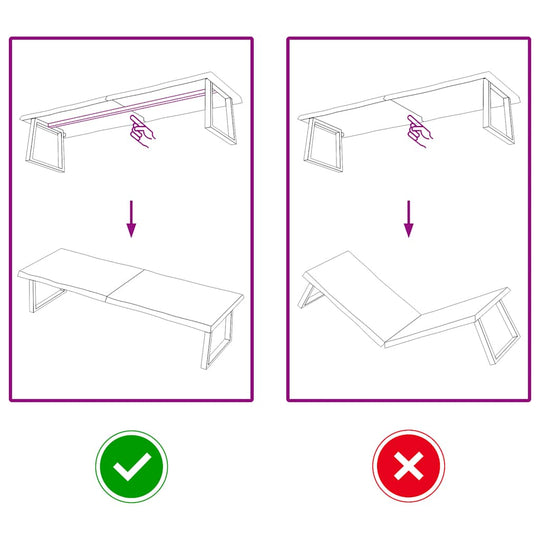 Instructions for Table Top Light 180x50x(2-4)cm Treated Solid Wood Live Edge folding mechanism.
