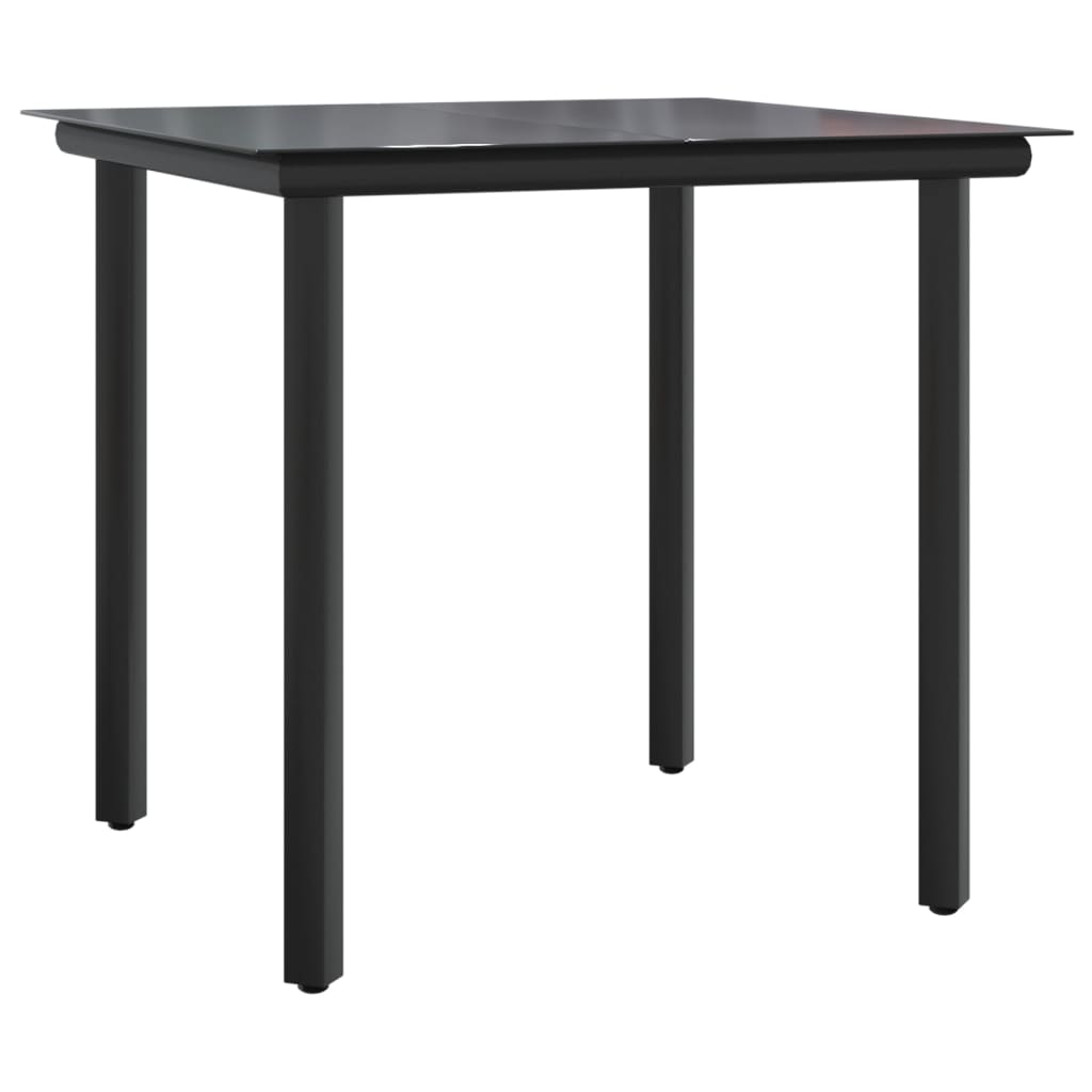 Modern black outdoor dining table with sturdy steel legs and sleek design, ideal for patio or garden settings.