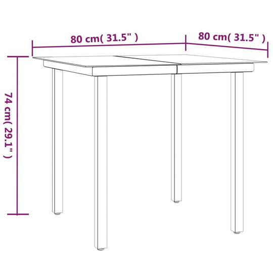 Dimensions of square outdoor dining table with measurements in centimeters and inches