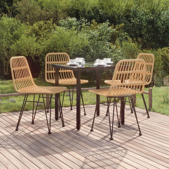 5 piece poly rattan garden dining set on a patio with greenery; outdoor furniture for home and garden furniture settings.