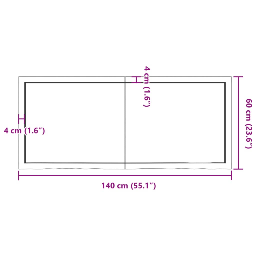 Dimensions diagram of light brown solid wood bathroom countertop, measuring 140x60x(2-4)cm, showcasing hinge design.