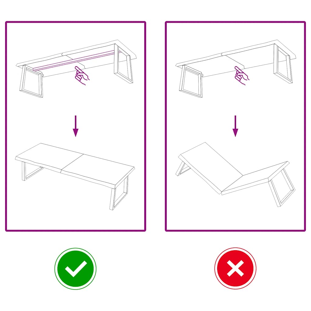 Bathroom Countertop Light 160x60x(2-4)cm Treated Solid Wood assembly instructions, showing correct and incorrect folding methods.