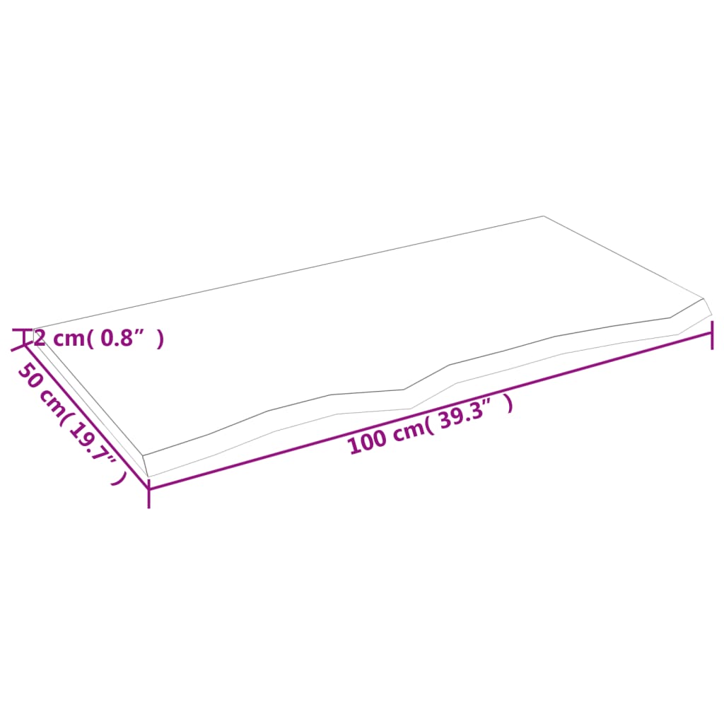 Dimensions of a light brown solid oak table top, measuring 100x50x2 cm, showcasing its detailed design and usability.