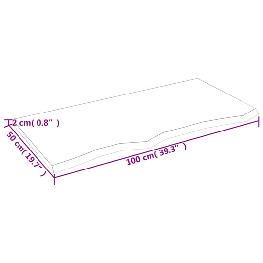 Dimensions of a light brown solid oak table top, measuring 100x50x2 cm, showcasing its detailed design and usability.