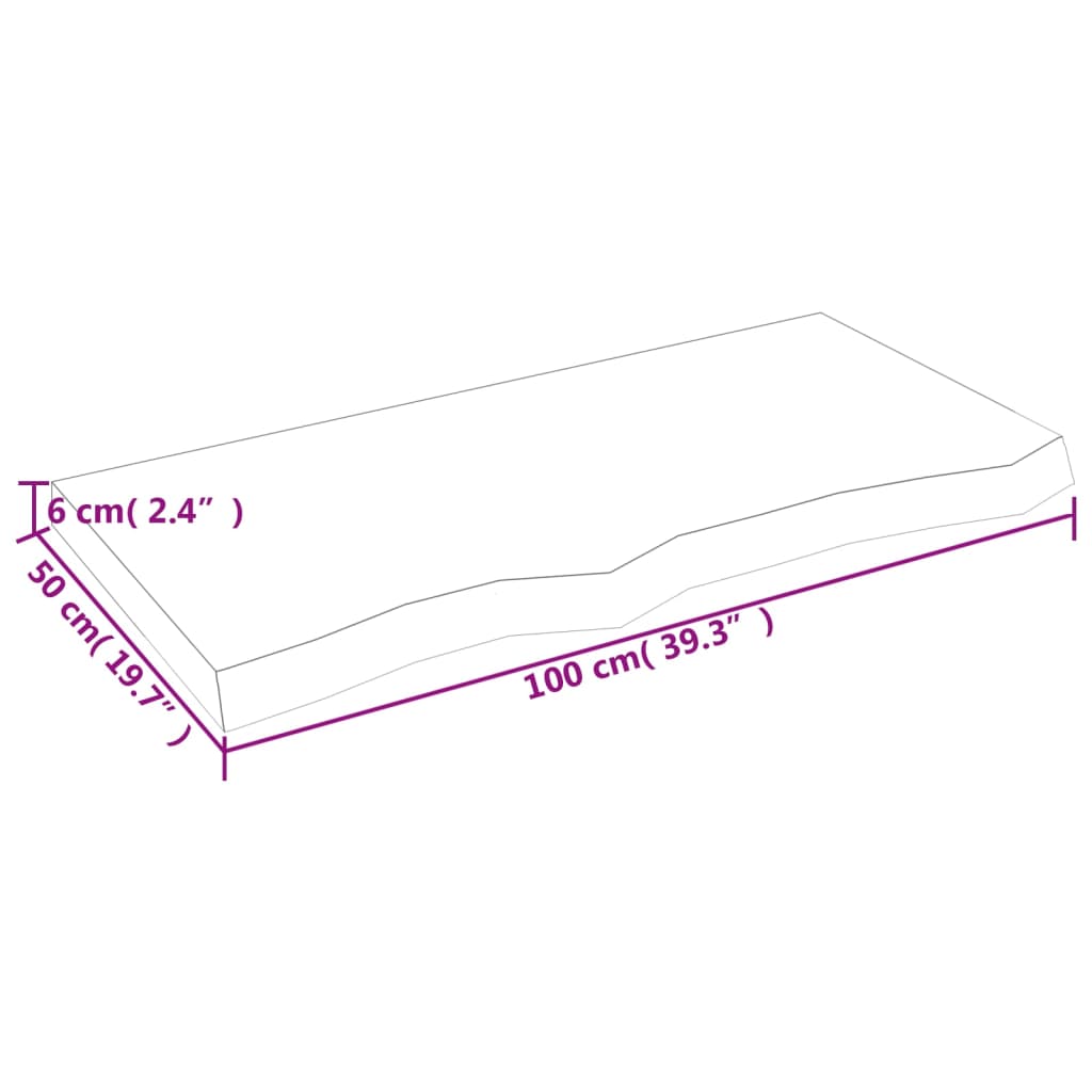 Dimensions of a light brown solid oak table top measuring 100x50x(2-6) cm, ideal for furniture and outdoor applications.