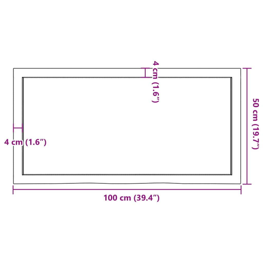 Dimensions of a light brown solid oak table top measuring 100x50 cm and 4 cm thick, ideal for furniture and outdoor settings.