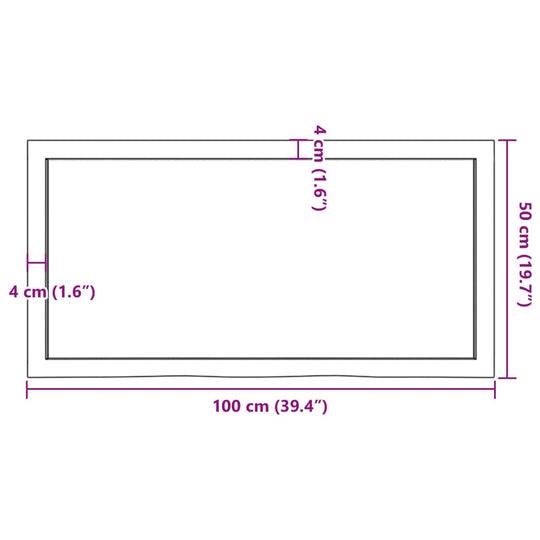 Dimensions of a light brown solid oak table top measuring 100x50 cm and 4 cm thick, ideal for furniture and outdoor settings.