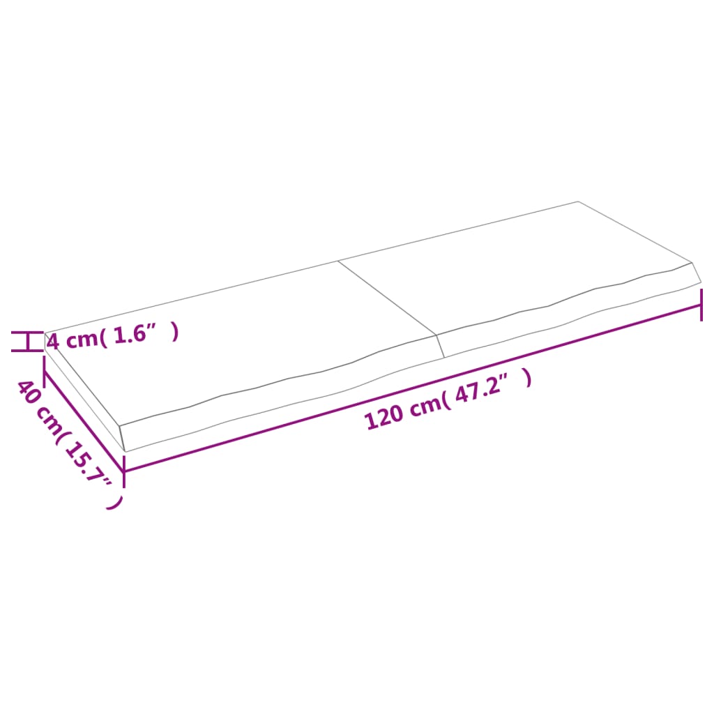 Dimensions of light brown solid oak tabletop, measuring 120x40x4 cm, showcasing hinge design for easy storage.