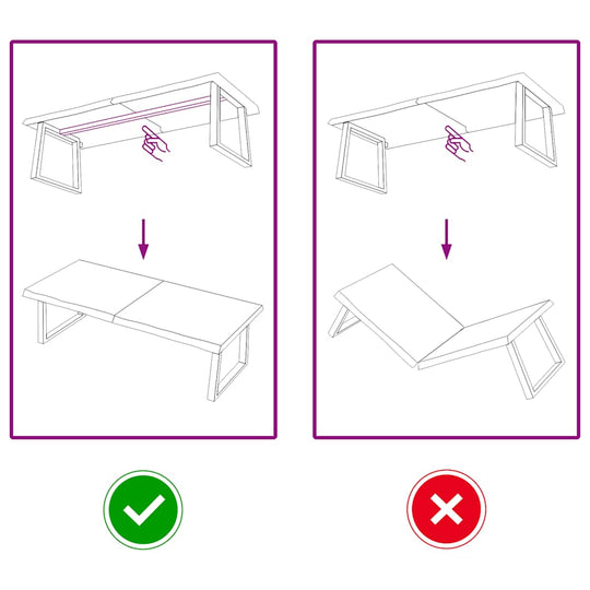 Table Top Light 140x50x(2-4) cm Treated Solid Wood Oak assembly guide illustrating correct and incorrect methods.