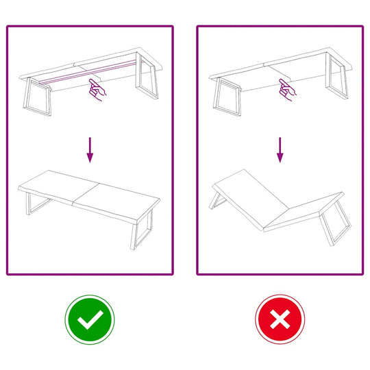 Table Top Light 160x60x(2-4) cm Treated Solid Wood Oak assembly instructions with correct and incorrect methods.