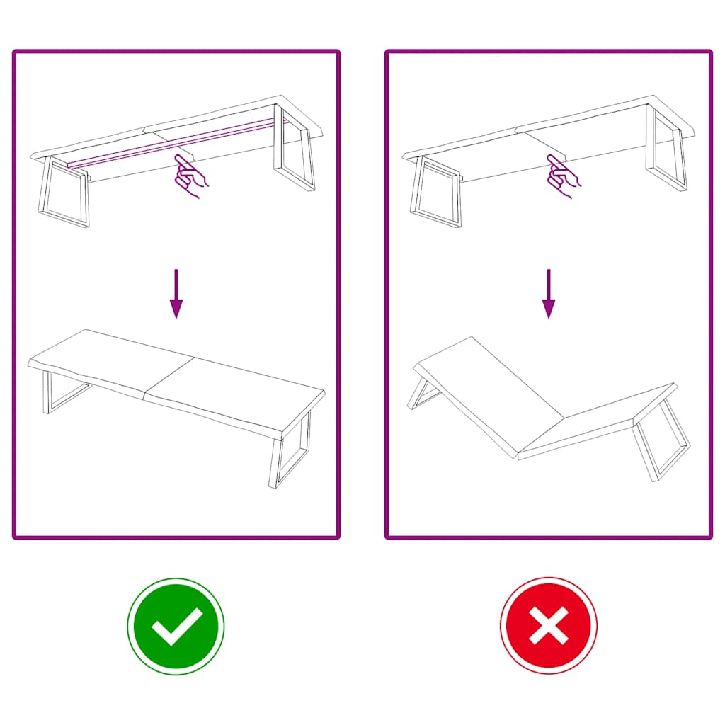 Table Top Light 180x60x(2-4) cm Treated Solid Wood Oak assembly instructions showing correct and incorrect folding steps.