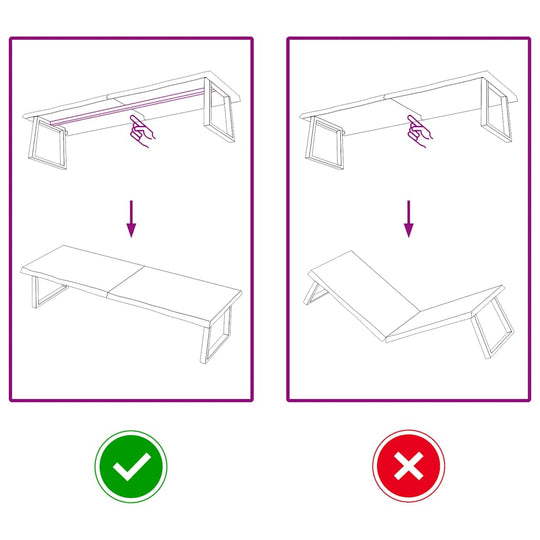 Table Top Light 180x60x(2-4) cm Treated Solid Wood Oak assembly instructions showing correct and incorrect folding steps.