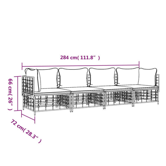 Dimensions of a 4 Piece Garden Lounge Set with Cushions, measuring 284 cm x 66 cm x 72 cm, made from anthracite poly rattan.