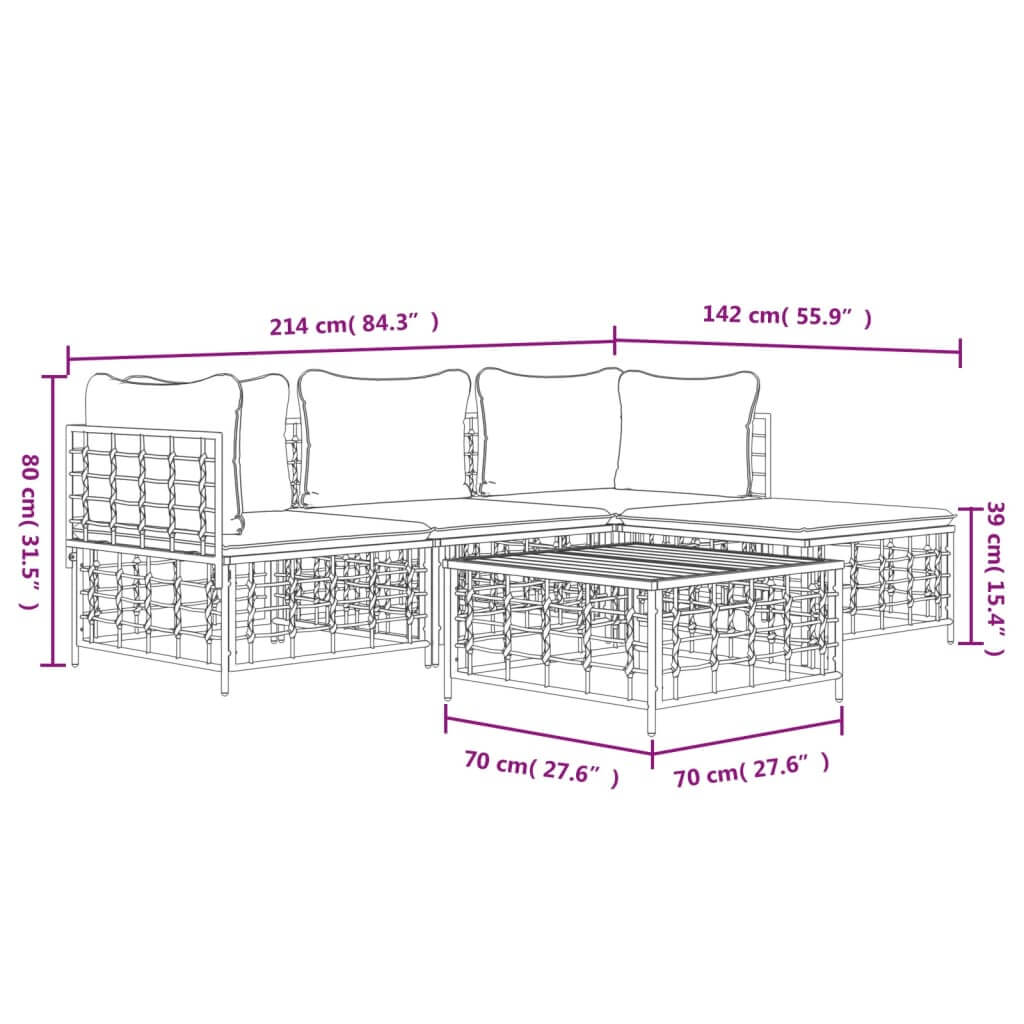 Garden lounge set dimensions with cushions, showing measurements for optimal outdoor furniture arrangement.