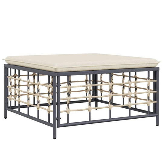 Modern outdoor garden lounge coffee table with cream cushion, featuring weather-resistant poly rattan design.