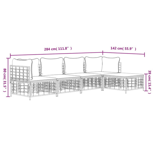 Dimensions sketch of a 5 piece garden lounge set with cushions, measuring 284 cm x 142 cm, ideal for outdoor spaces.