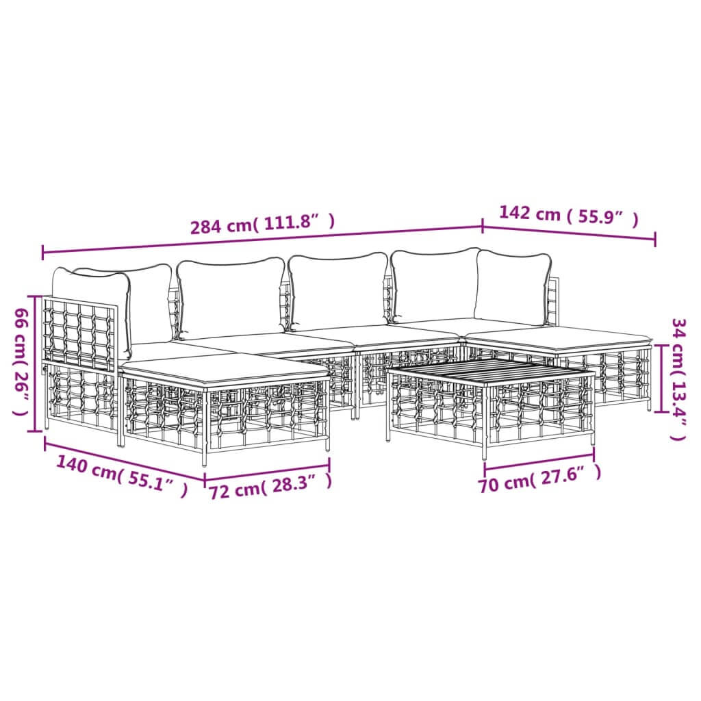 Garden lounge set dimensions illustration showing 7-piece poly rattan outdoor furniture, including sofa and tables with cushions.