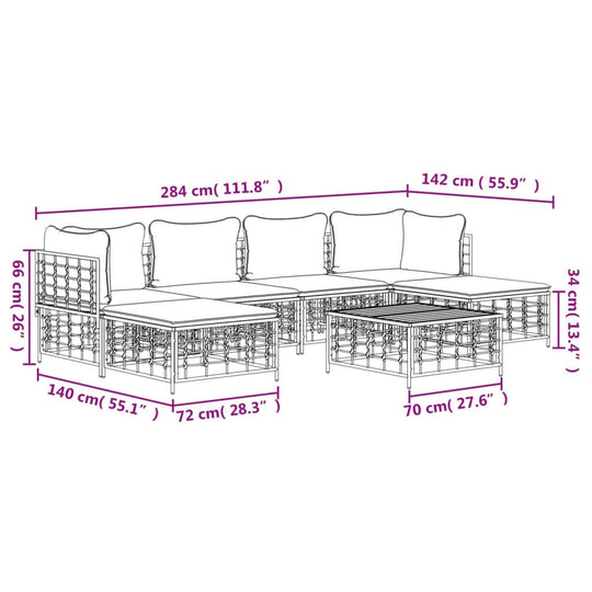 Garden lounge set dimensions illustration showing 7-piece poly rattan outdoor furniture, including sofa and tables with cushions.