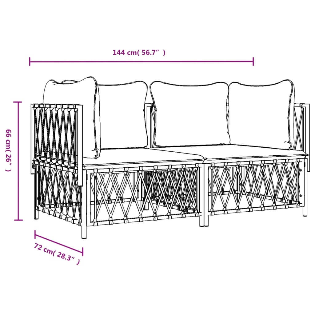 Dimensions of a 2-piece garden lounge set with cushions, showing a sturdy design for outdoor furniture.