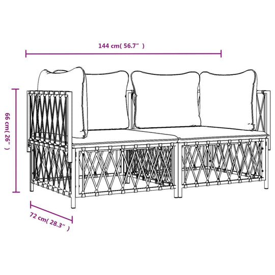 Dimensions of a 2-piece garden lounge set with cushions, showing a sturdy design for outdoor furniture.