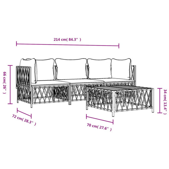 Dimensions of a 4 Piece Garden Lounge Set with Cushions, including sofa and coffee table in anthracite steel.