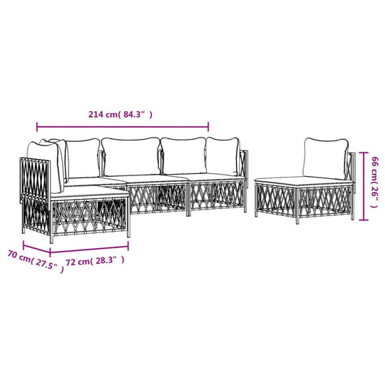 Dimensions of a 5 Piece Garden Lounge Set with Cushions, showcasing powder-coated steel frame and woven fabric details.