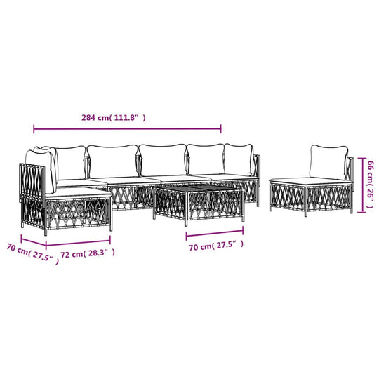 Dimensions of a 7-piece garden lounge set with cushions, including sofa, bench, and table measurements.