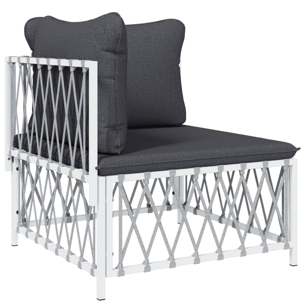 Modern outdoor lounge chair with gray cushions and sturdy white steel frame, perfect for garden furniture.