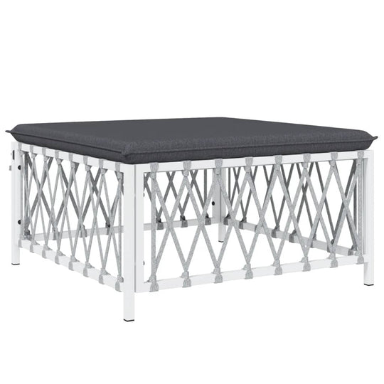 Stylish outdoor lounge table with gray cushion and sturdy white steel frame, ideal for garden and patio furniture.