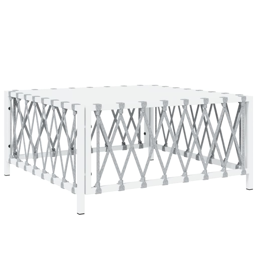 Square white steel garden lounge table with crisscross design, perfect for outdoor furniture setup.