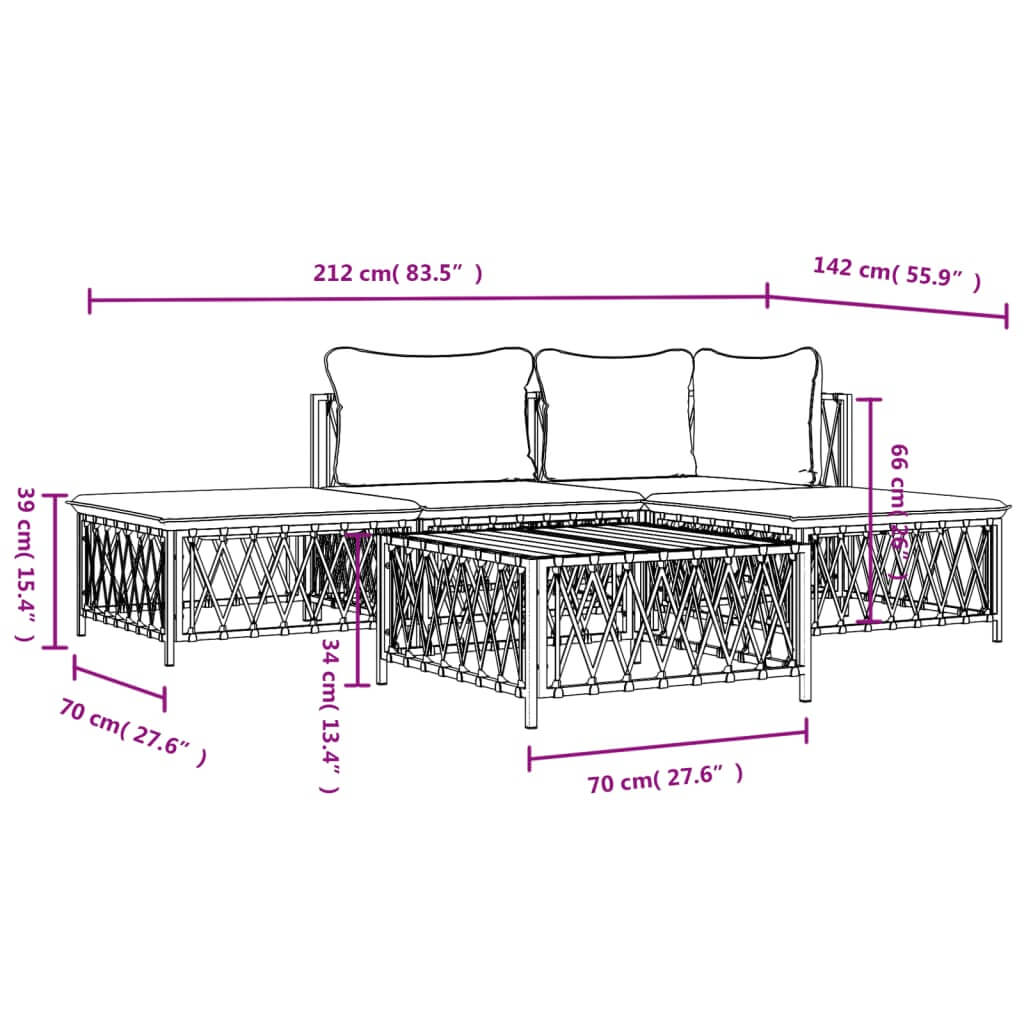 Dimensions of a 5-piece garden lounge set with cushions, showcasing width, height, and depth measurements for outdoor furniture.