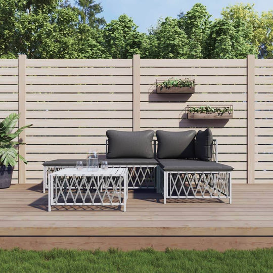 5 Piece garden lounge set with cushions on deck, featuring woven fabric, powder-coated steel frame, and stylish outdoor furniture design.